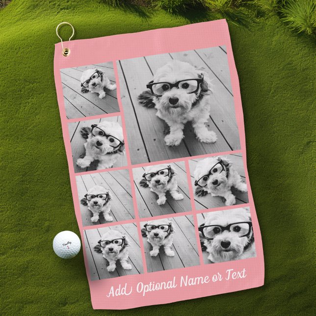 Add Your Own 9 Photos Collage -- Can Edit Coral Golf Towel (Personalized Golf Towel with Photos and Text)