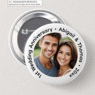 Add Your Own Couple Photo 1st Wedding Anniversary 6 Cm Round Badge