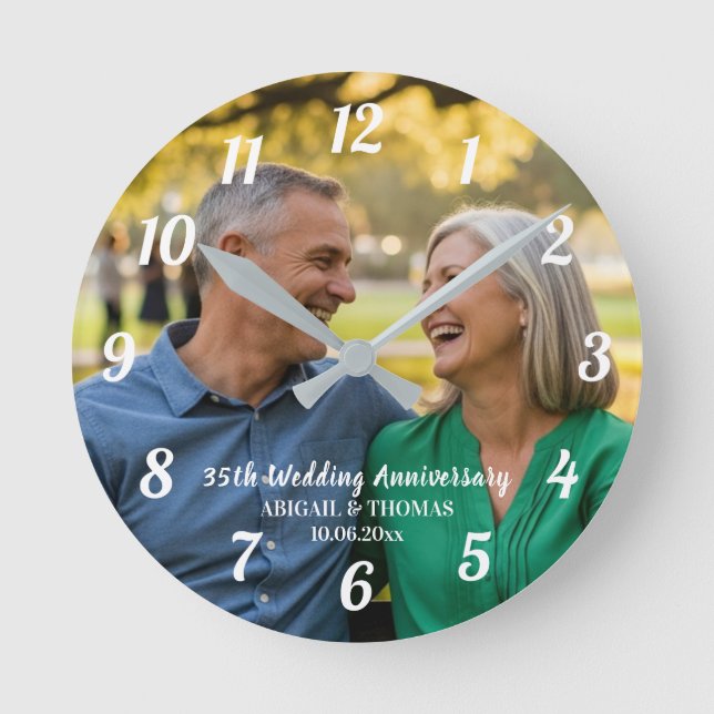 Add Your Own Couple Photo 35th Wedding Anniversary Round Clock (Front)