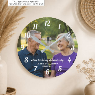 Add Your Own Couple Photo 60th Wedding Anniversary Round Clock