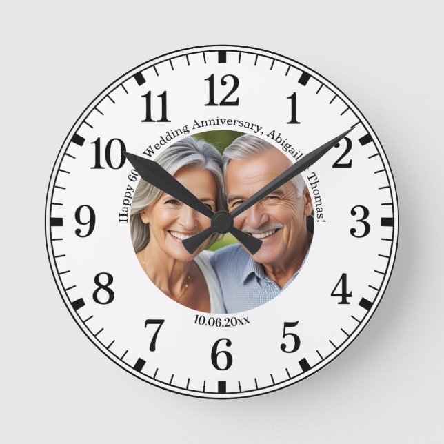Add Your Own Couple Photo 60th Wedding Anniversary Round Clock (Front)