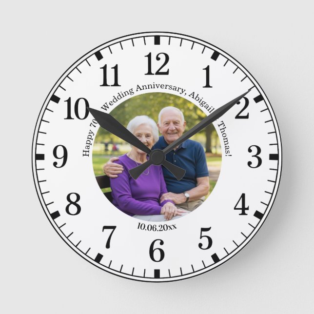 Add Your Own Couple Photo 70th Wedding Anniversary Round Clock (Front)