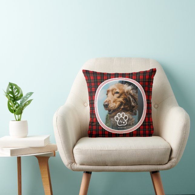 Add Your Own Dog Pets Photo Monogram Name Tartan Cushion (Chair)