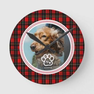 Add Your Own Dog Pets Photo Monogram Name Tartan Round Clock
