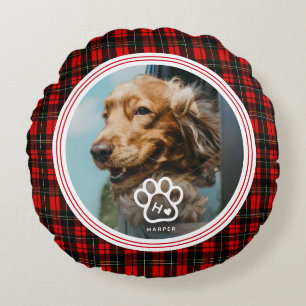 Add Your Own Dog Pets Photo Monogram Name Tartan Round Cushion