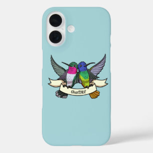 Add Your Own Name Cute Hummingbirds Holding Ribbon iPhone 16 Case