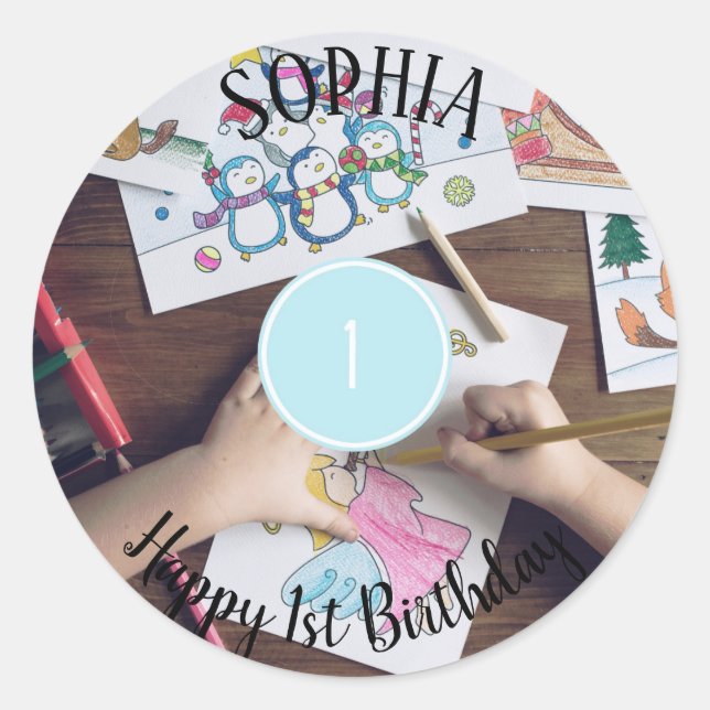 Add your own photo 1st Birthday name Sticker (Front)