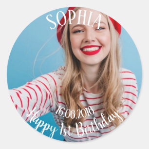 Add your own photo First Birthday Classic Round St Classic Round Sticker