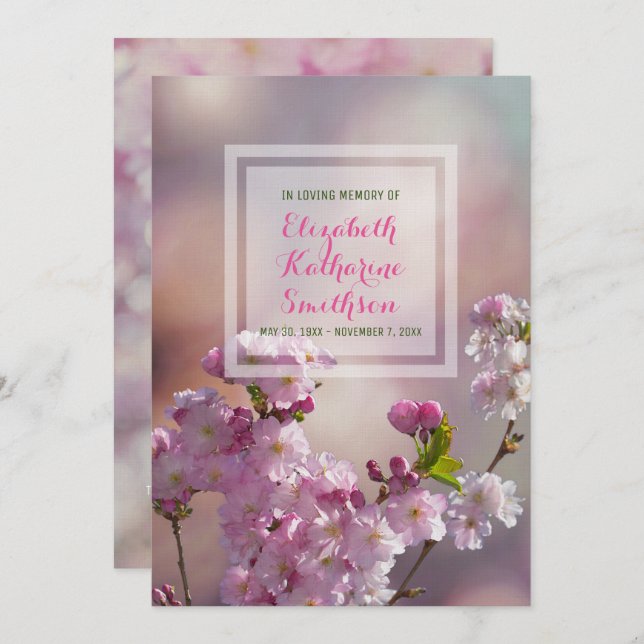 Add Your Own Photo Memorial Pink Cherry Blossoms Invitation (Front/Back)