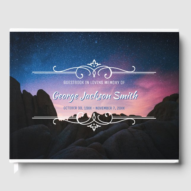 Add Your Own Photo Memorial Service Night Sky Guest Book (Front)