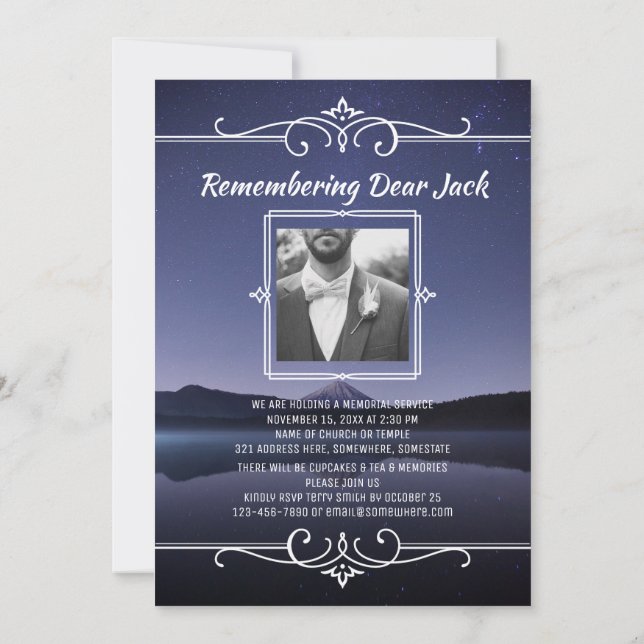 Add Your Own Photo Memorial Service Night Sky Invitation (Back)