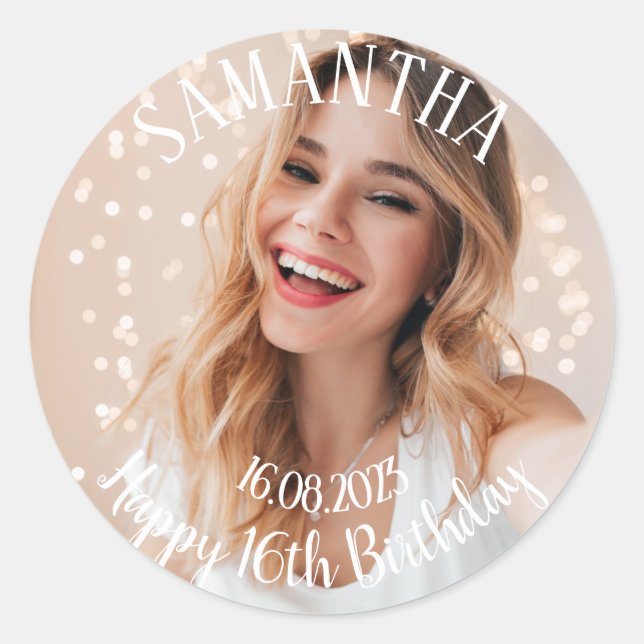 Add your own photo personalized 16th Birthday  Classic Round Sticker (Front)