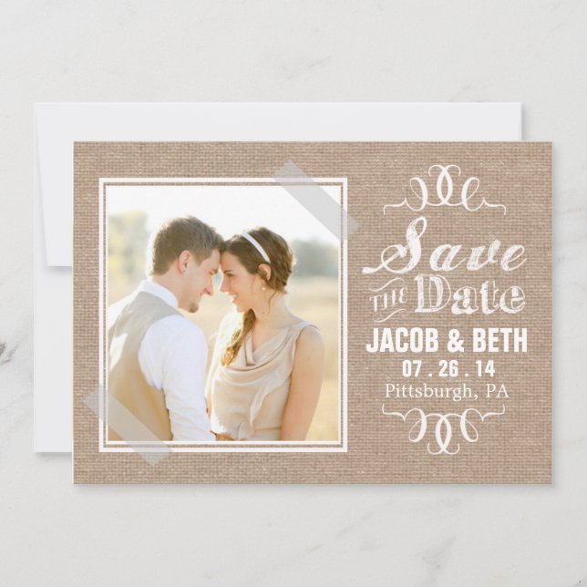 Add Your Own Photo Rustic Burlap Save the Date (Front)