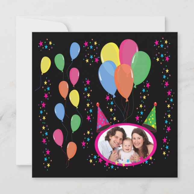Add Your Own Photo to Party Hats and Balloons Invitation (Front)