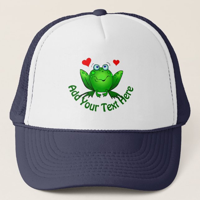  Add Your Own Text Cute Green Frog w Hearts Trucker Hat (Front)