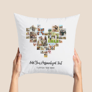 Add Your Own Text Heart Shaped Photo Collage Cushion