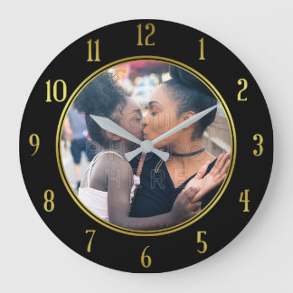 Add Your Personalised Photo | Gold Black Elegant Large Clock