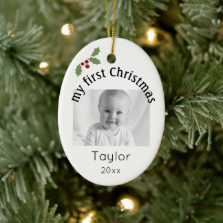 Add Your Photo and Text, My First Christmas Oval Ceramic Ornament