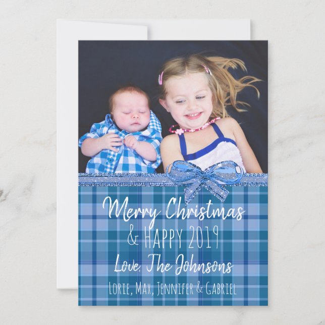 Add Your Photo Blue Plaid  Christmas Invitation (Front)