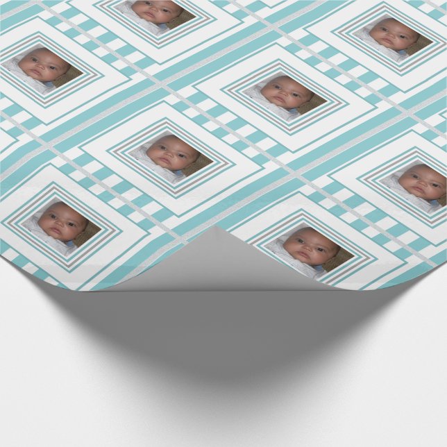 Add Your Photo Blue White Striped Wrapping Paper (Corner)
