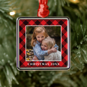 ADD YOUR PHOTO   Buffalo Check Pattern Metal Ornament