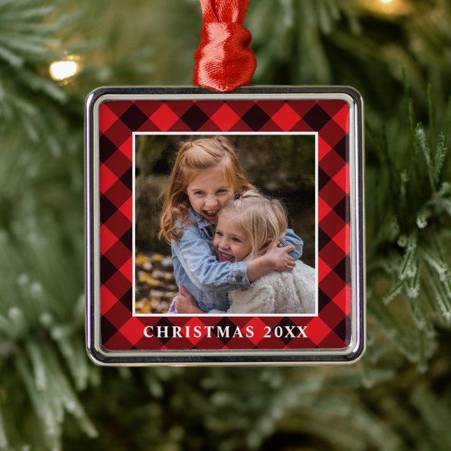 ADD YOUR PHOTO | Buffalo Check Pattern Metal Ornament (Tree)