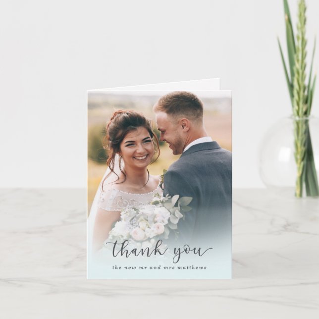 Add Your Photo Elegant Eucalyptus Script Wedding Thank You Card (Front)