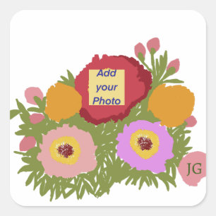 Add your photo Floral Pattern With Initial  Square Sticker