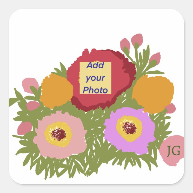 Add your photo Floral Pattern With Initial  Square Sticker (Front)
