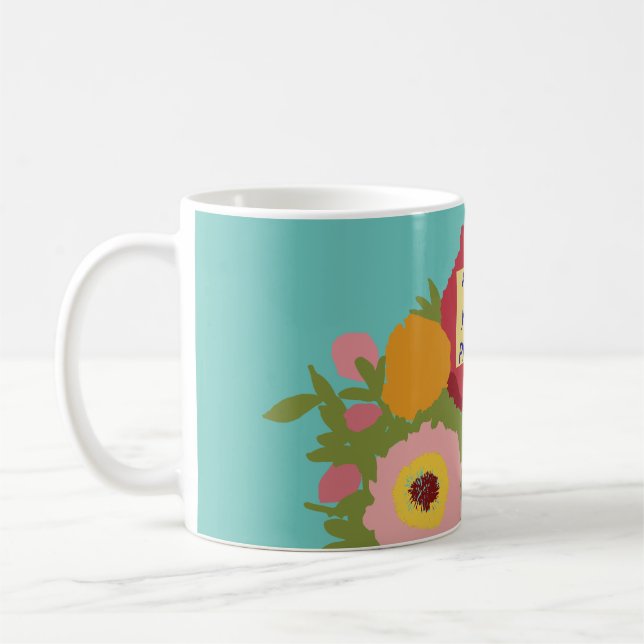 Add your photo Floral Pattern With Initial Teal Coffee Mug (Left)