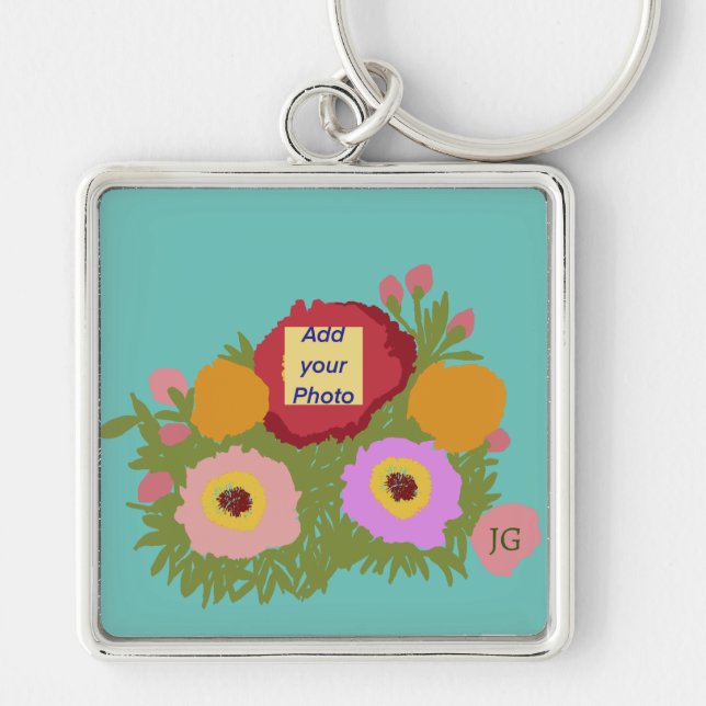 Add your photo Floral Pattern With Initial Teal Key Ring (Front)