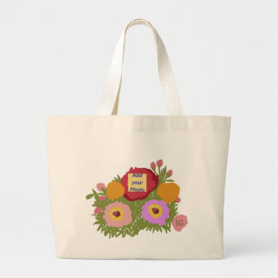 Add your photo Floral Pattern With Initial Teal Large Tote Bag