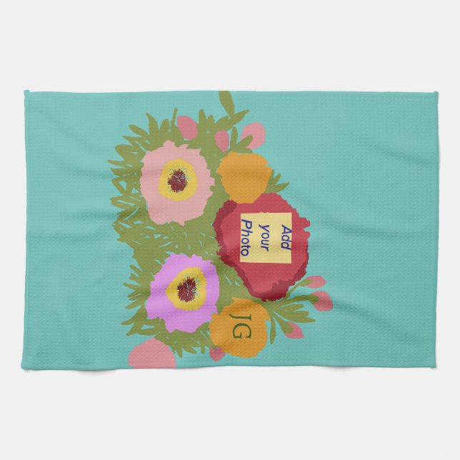 Add your photo Floral Pattern With Initial Teal Tea Towel (Horizontal)