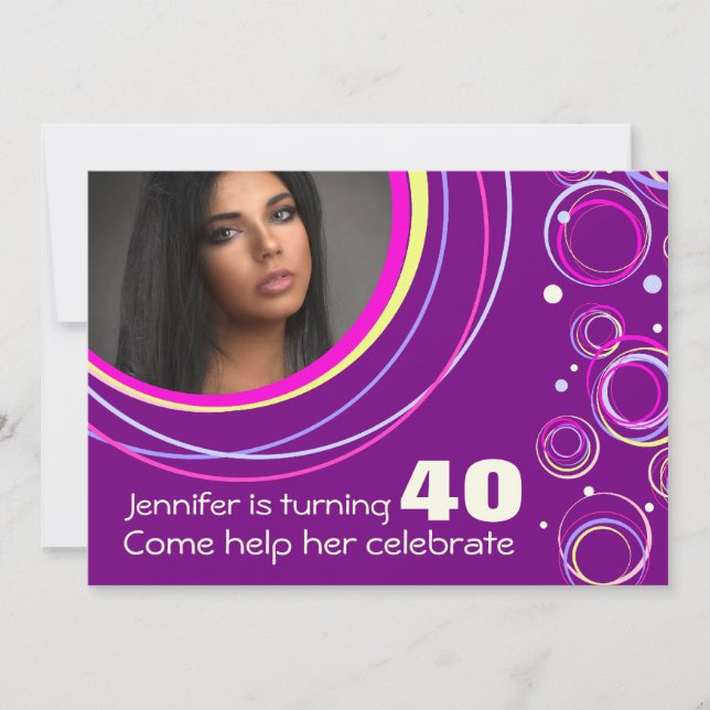 Add your photo funky 40th birthday invite purple (Front)