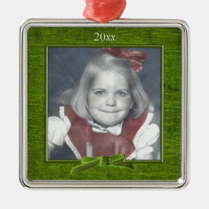 Add Your Photo - Green Chenille Square Template Metal Ornament