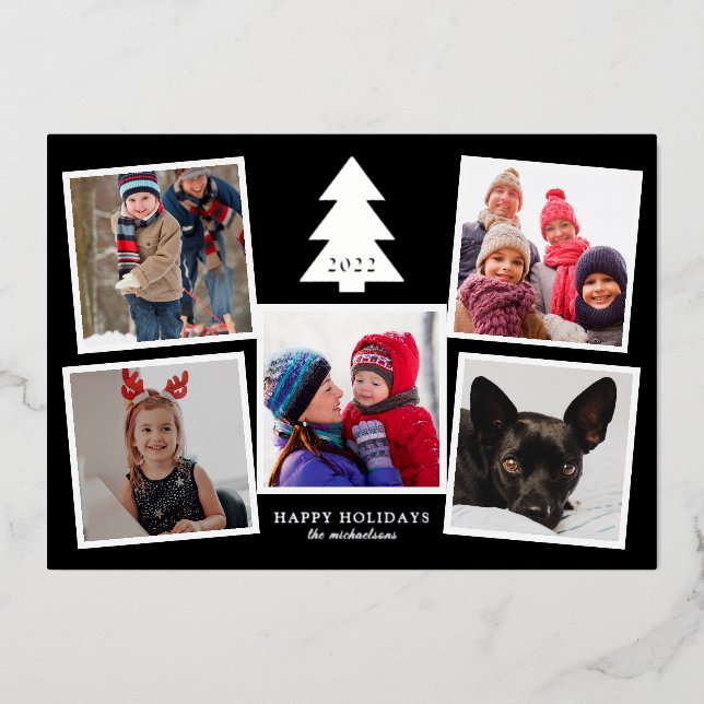 ADD YOUR PHOTO | Happy Holidays Christmas Tree Foil Holiday Card (Front)