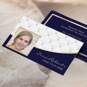 Add Your Photo Luxury Quilted Modern Navy & Gold Business Card