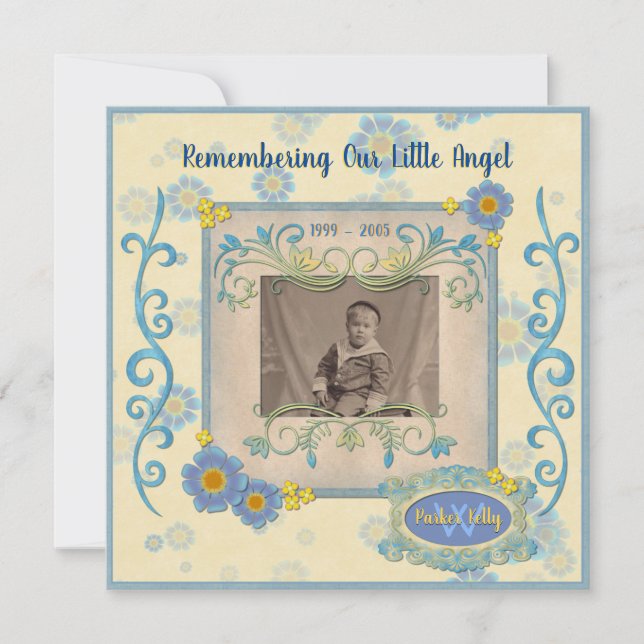 Add Your Photo Memorial Service Blue Flowers Frame Invitation (Front)