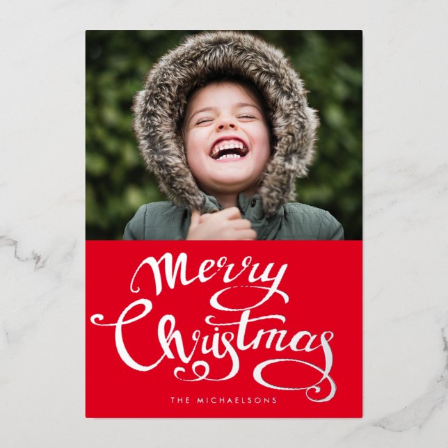 ADD YOUR PHOTO | Merry Christmas Foil Holiday Card (Front)