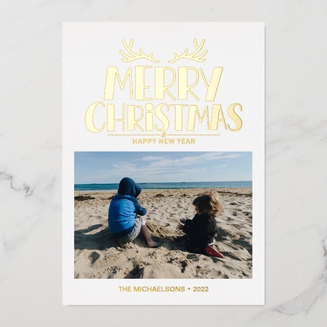 ADD YOUR PHOTO | Merry Christmas & Happy New Year Foil Holiday Card (Front)