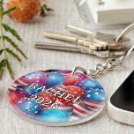 Add Your Photo, Name, 2-in Patriotic Balloons Key Ring<br><div class="desc">Colorful patriotic red white and blue, stars and stripes balloons pattern is featured on this commemorative 2" round acrylic keychain. Bold name and "2026" in white with black outline can be easily edited using the Template provided. Add your own photo to the back or choose single sided for a reduced...</div>