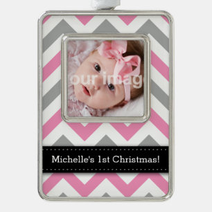 Add your photo + Name - Pink and Grey Chevron Silver Plated Framed Ornament