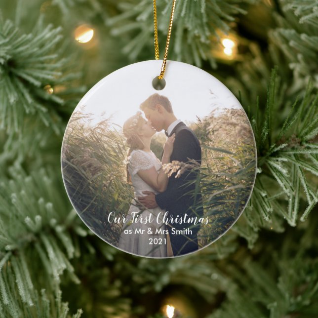Add Your Photo Our First Christmas Mr & Mrs Christ Ceramic Ornament (Tree)