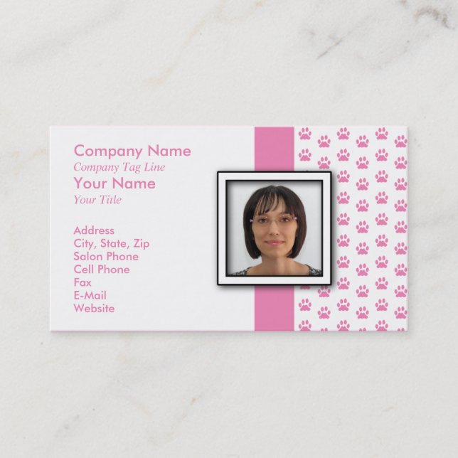 ADD YOUR PHOTO Pet Grooming Paw Print Business Card (Front)