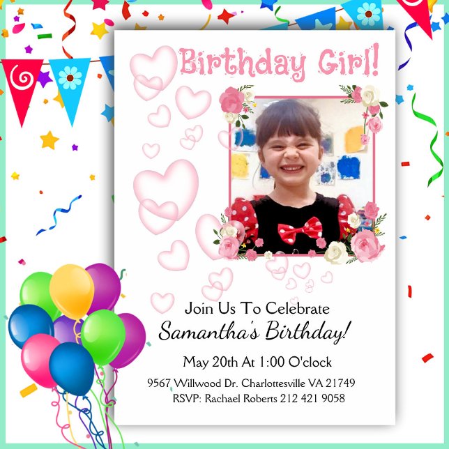 Add your Photo Pink Hearts Girl Birthday  Invitation (Creator Uploaded)