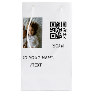 Add your photo q r barcode name text details simpl small gift bag