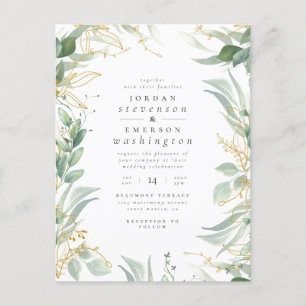 Add Your Photo   Watercolor Green & Gold Wedding Invitation Postcard