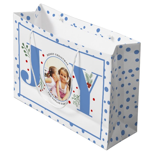 Add your photos blue JOY and  polka dots Large Gift Bag (Front Angled)