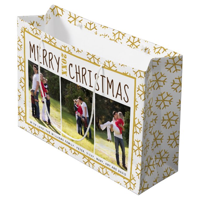 Add your photos Christmas gold glitter snowflake Large Gift Bag (Front Angled)