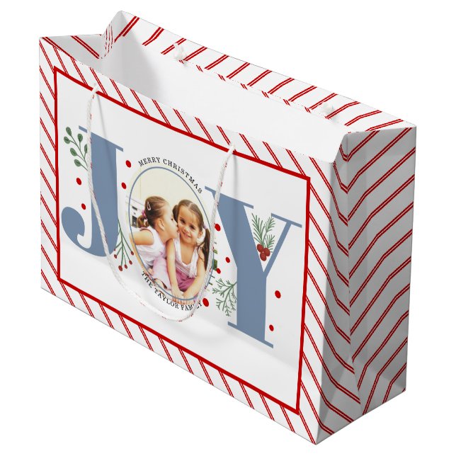 Add your photos dusty blue JOY and red stripes Large Gift Bag (Front Angled)
